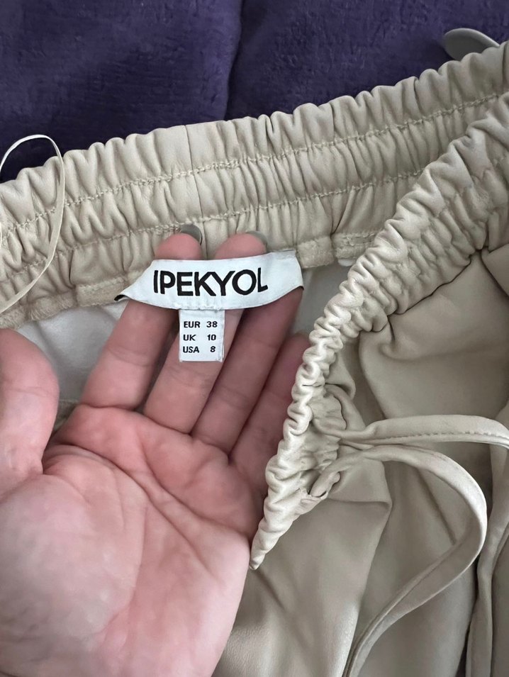 Bej Deri Salaş Midi Kadın Pantolon - Görsel 2