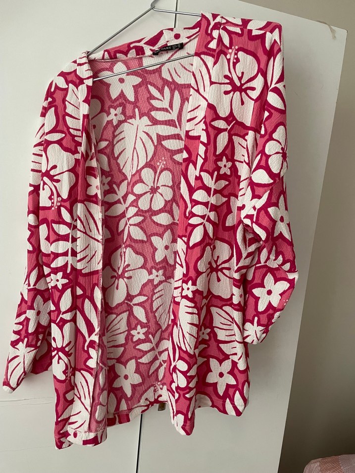 Pembe Çiçek Desenli Bohem Kadın Kimono pantolon  takım - Görsel 2