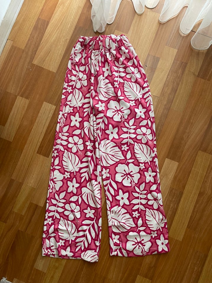 Pembe Çiçek Desenli Bohem Kadın Kimono pantolon  takım - Görsel 3