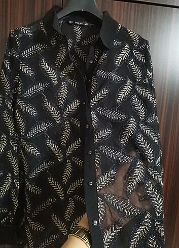 Tül detaylı simli tasarım gömlek S beden  - Görsel 9