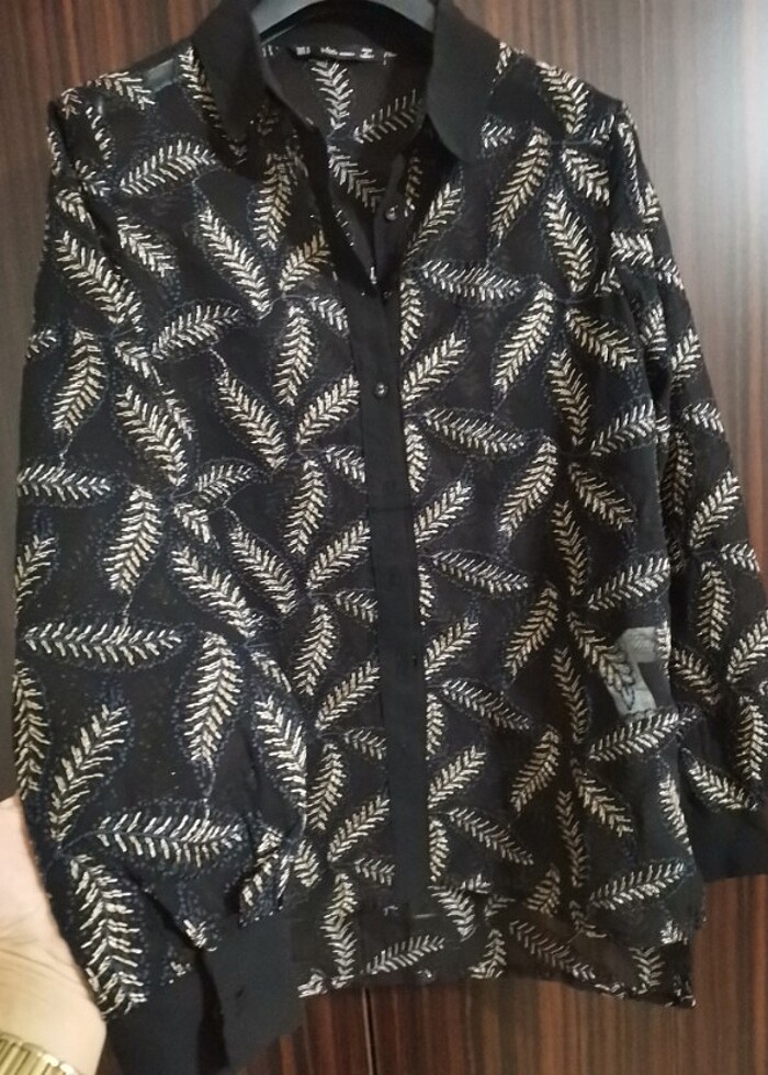 Tül detaylı simli tasarım gömlek S beden  - Görsel 2