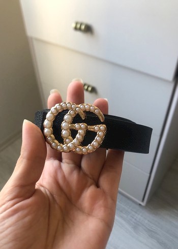 İnci Detaylı Siyah Deri Kadın Kemer