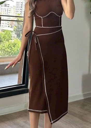 Zara Kahverengi Kemerli midi Elbise