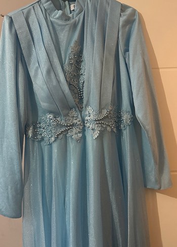 Mavi Uzun Kollu Nakışlı Kadın Abiye Elbise - Görsel 2