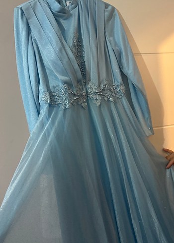 Mavi Uzun Kollu Nakışlı Kadın Abiye Elbise - Görsel 3