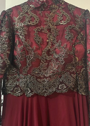 Bordo Uzun Kollu Dantel Detaylı Abiye Elbise - Görsel 2