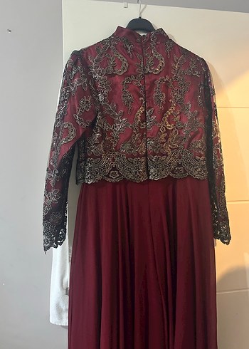 Bordo Uzun Kollu Dantel Detaylı Abiye Elbise - Görsel 3