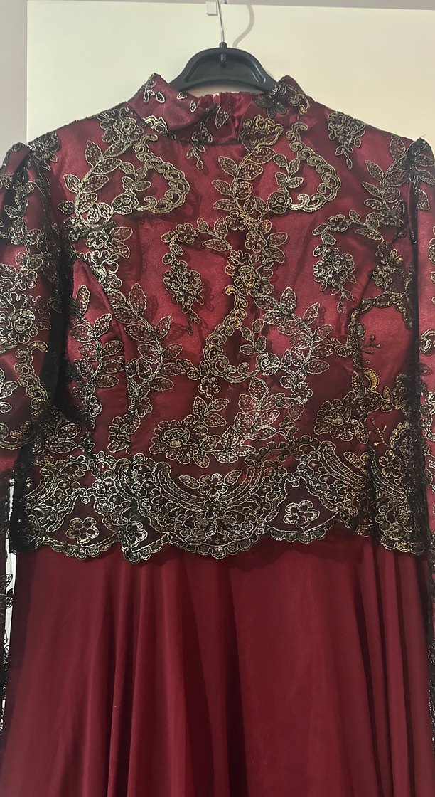 Bordo Uzun Kollu Dantel Detaylı Abiye Elbise - Görsel 2
