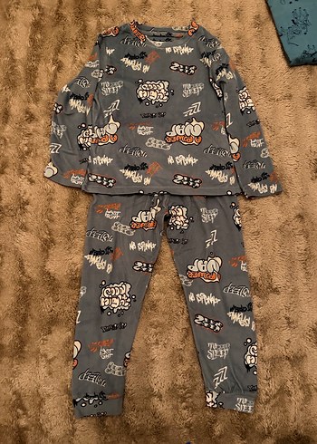 Gri Baskılı Uzun Kollu Rahat Pijama Takımı - Görsel 7