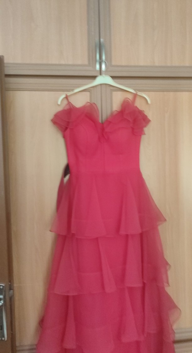 Pembe Kat Kat Volanlı Uzun Abiye Elbise - Görsel 2