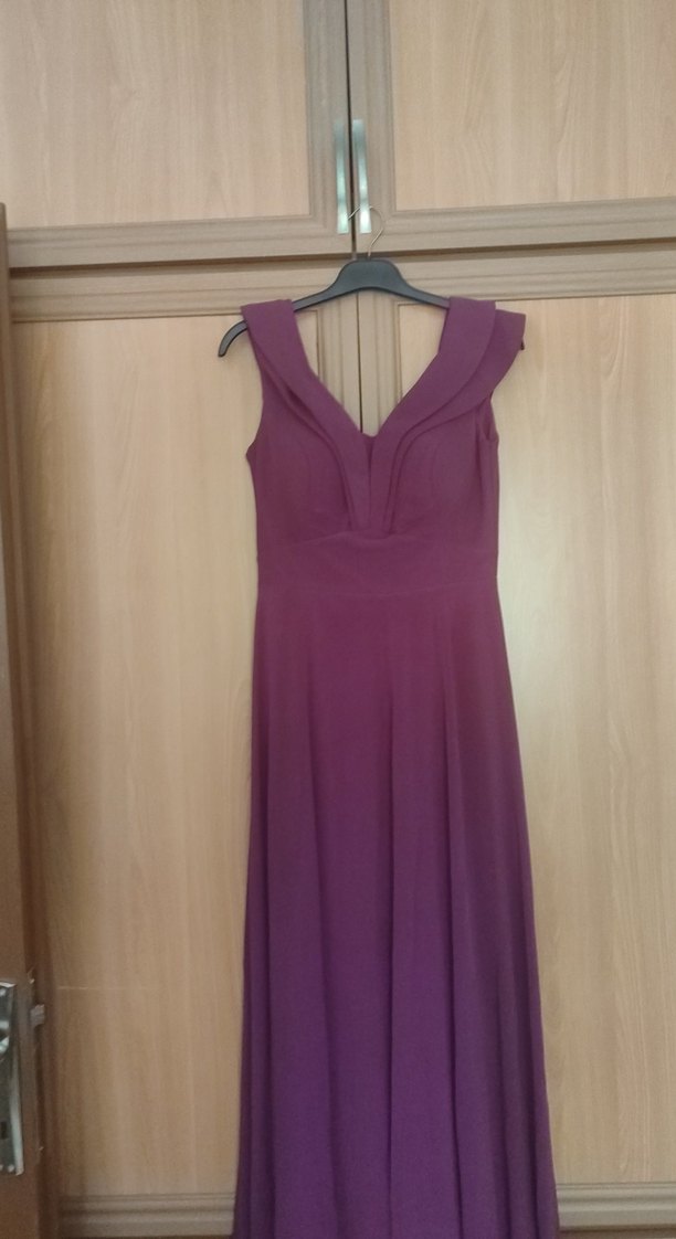Mor Uzun V Yakalı Drapeli Abiye Elbise - Görsel 2