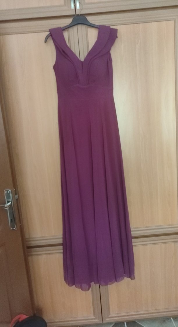 Mor Uzun V Yakalı Drapeli Abiye Elbise - Görsel 3