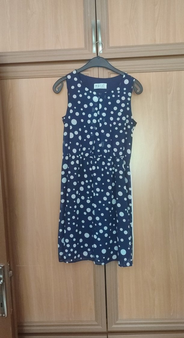 Düğmeli Puantiyeli Mavi Midi Elbise - Görsel 2