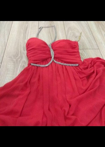 Kırmızı Drapeli Uzun Straplez Abiye Elbise - Görsel 3