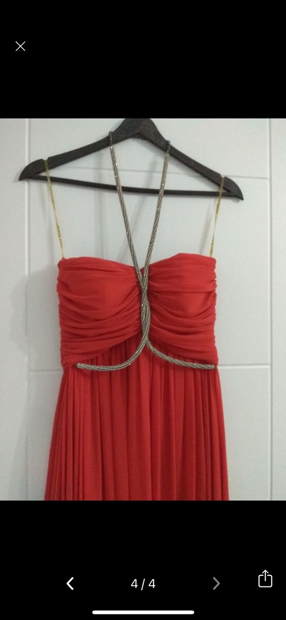 Kırmızı Drapeli Uzun Straplez Abiye Elbise - Görsel 2