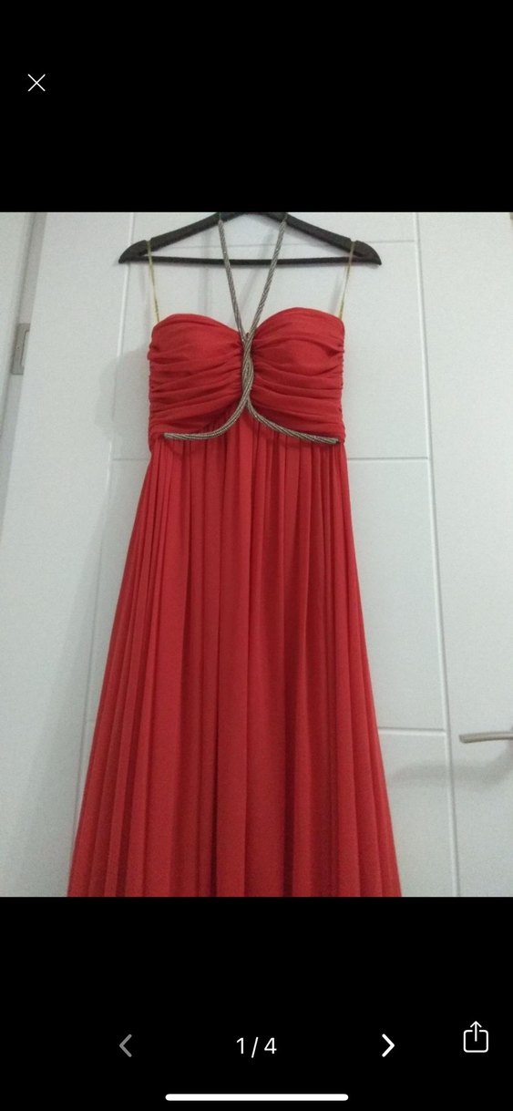 Kırmızı Drapeli Uzun Straplez Abiye Elbise - Görsel 4