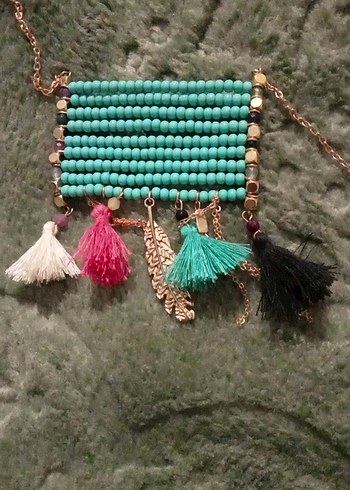Uzun Boncuklu Turkuaz Bohem Kolye - Görsel 2
