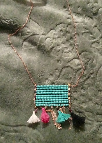 Uzun Boncuklu Turkuaz Bohem Kolye - Görsel 3