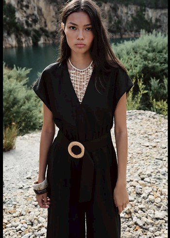 Siyah İpli Uzun Bol Kesim Kadın Tulum - Görsel 2