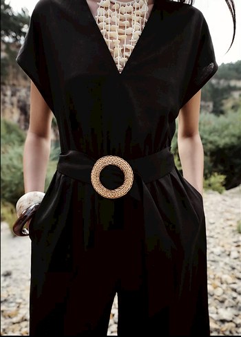 Siyah İpli Uzun Bol Kesim Kadın Tulum - Görsel 5