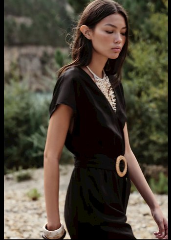 Siyah İpli Uzun Bol Kesim Kadın Tulum - Görsel 4