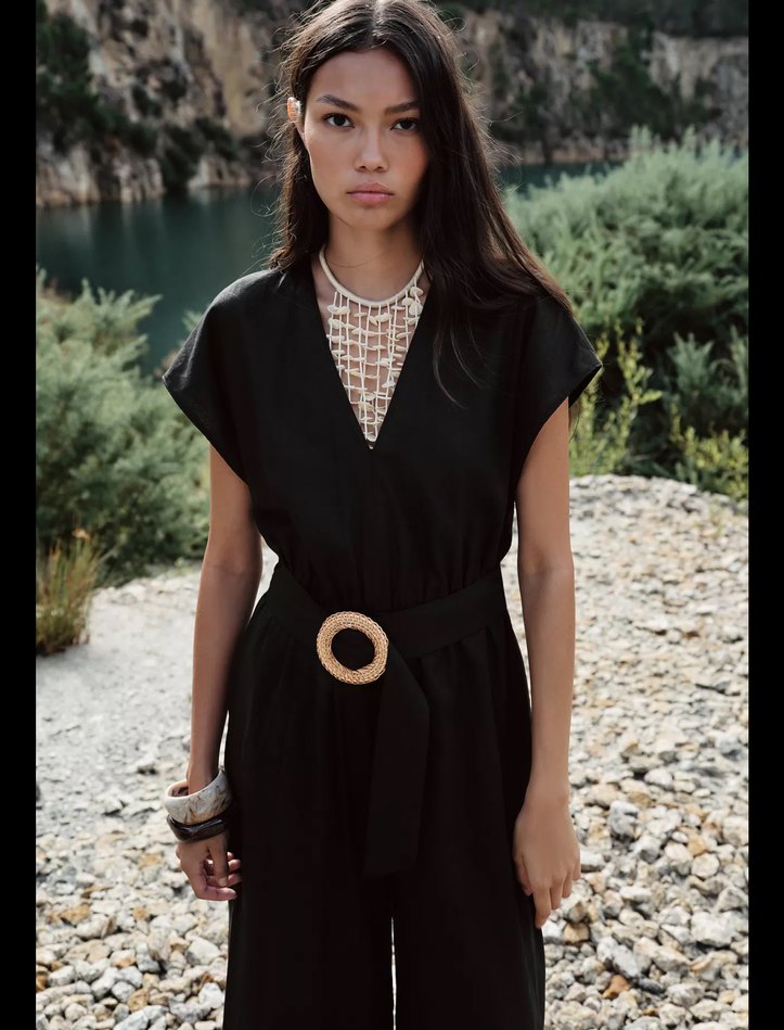 Siyah İpli Uzun Bol Kesim Kadın Tulum - Görsel 2