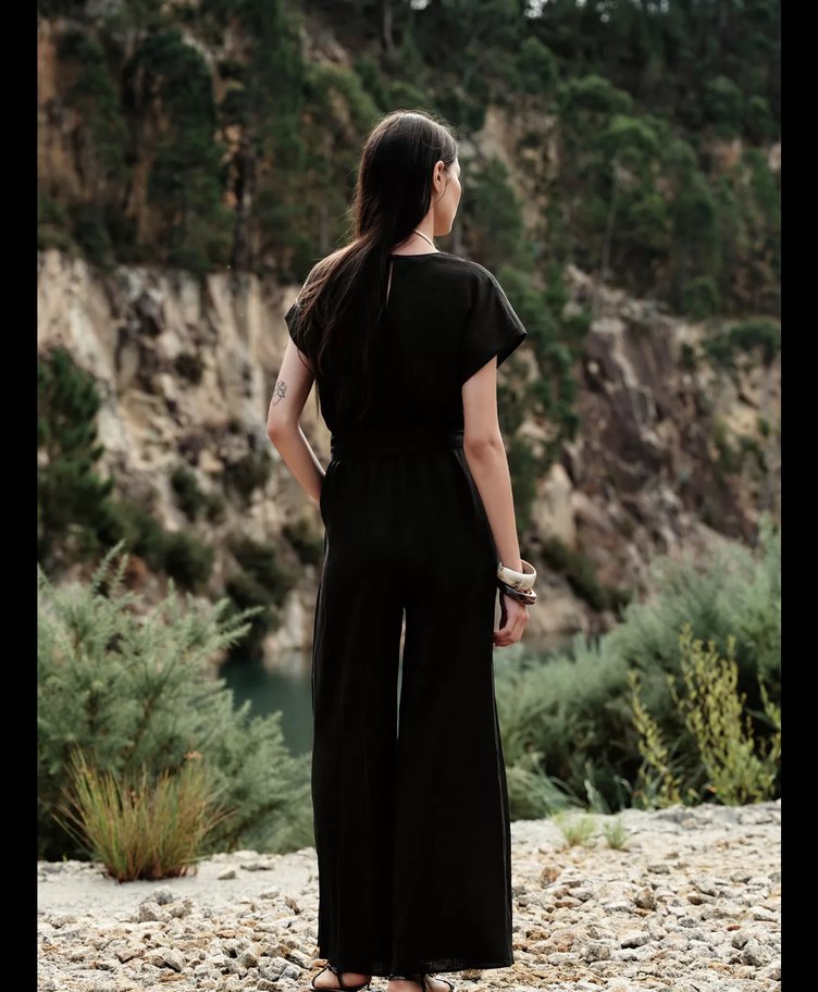 Siyah İpli Uzun Bol Kesim Kadın Tulum - Görsel 3