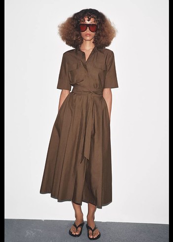 Kahverengi Uzun Drapeli Kadın Elbise - Görsel 5