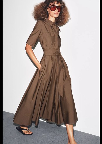 Kahverengi Uzun Drapeli Kadın Elbise - Görsel 3
