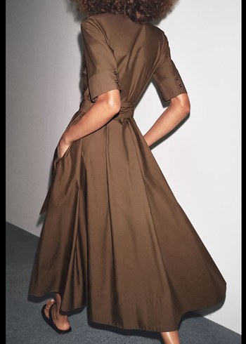 Kahverengi Uzun Drapeli Kadın Elbise - Görsel 2