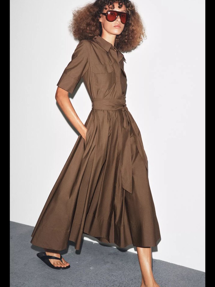 Kahverengi Uzun Drapeli Kadın Elbise - Görsel 3
