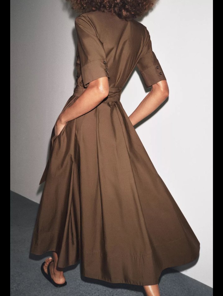 Kahverengi Uzun Drapeli Kadın Elbise - Görsel 2