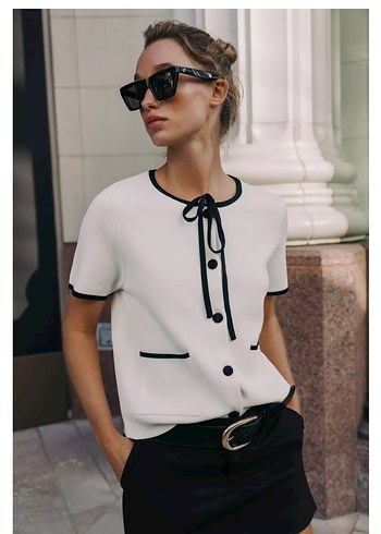 Beyaz Siyah Detaylı Mini Ofis Bluzu - Görsel 2