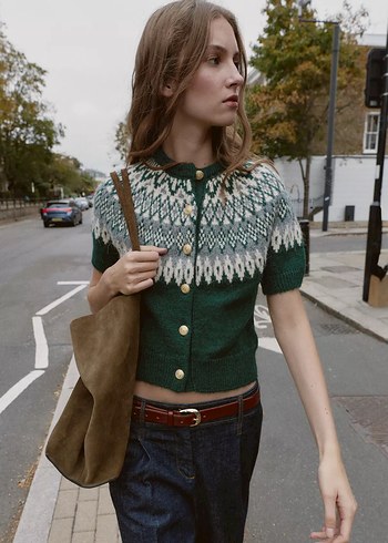 Düğmeli Bohem Yeşil Kısa Kollu Triko Hırka - Görsel 2