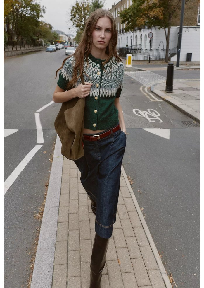 Düğmeli Bohem Yeşil Kısa Kollu Triko Hırka - Görsel 4