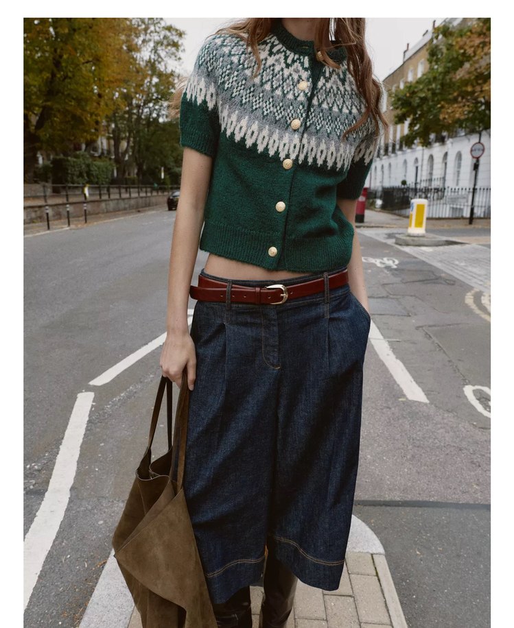 Düğmeli Bohem Yeşil Kısa Kollu Triko Hırka - Görsel 3