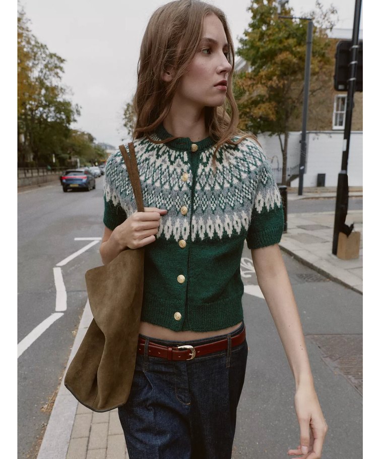 Düğmeli Bohem Yeşil Kısa Kollu Triko Hırka - Görsel 2