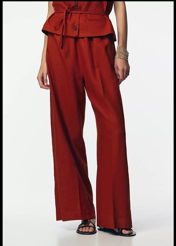 Kemerli Kolsuz Keten Tulum - Koyu Kırmızı - Görsel 4