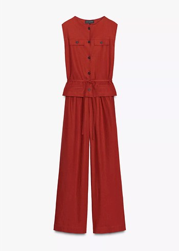 Kemerli Kolsuz Keten Tulum - Koyu Kırmızı - Görsel 5