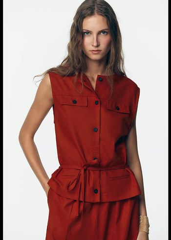 Kemerli Kolsuz Keten Tulum - Koyu Kırmızı - Görsel 2