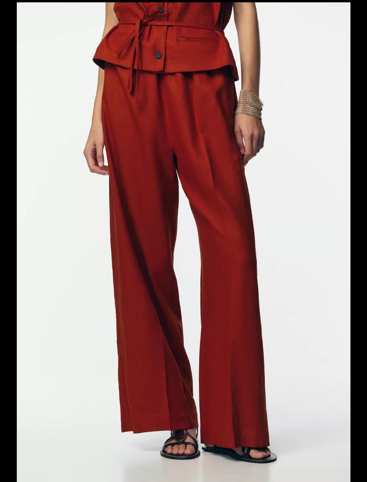 Kemerli Kolsuz Keten Tulum - Koyu Kırmızı - Görsel 4