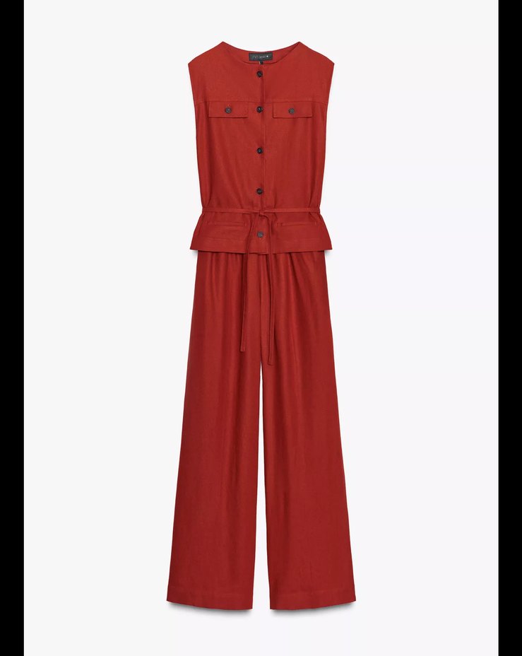 Kemerli Kolsuz Keten Tulum - Koyu Kırmızı - Görsel 5