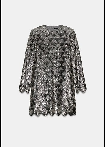 Uzun Kollu Payetli Siyah Yılan Desenli Elbise - Görsel 4