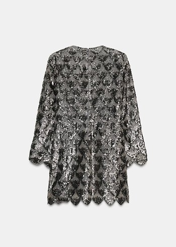 Uzun Kollu Payetli Siyah Yılan Desenli Elbise - Görsel 3