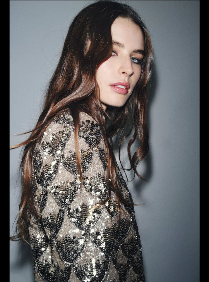 Uzun Kollu Payetli Siyah Yılan Desenli Elbise - Görsel 2