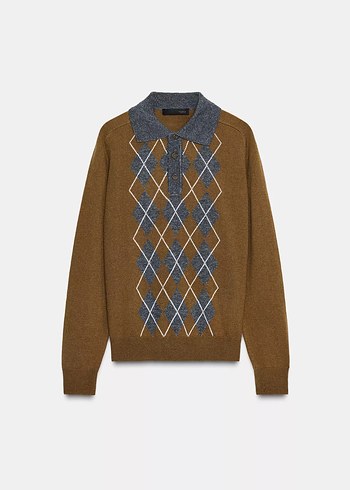 Ekose Desenli Kahverengi Gri Yün Kazak - Görsel 2