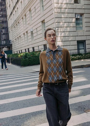 Ekose Desenli Kahverengi Gri Yün Kazak - Görsel 3