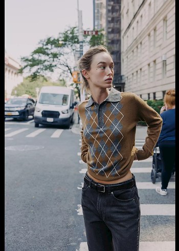 Ekose Desenli Kahverengi Gri Yün Kazak - Görsel 4