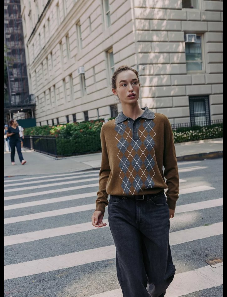 Ekose Desenli Kahverengi Gri Yün Kazak - Görsel 3