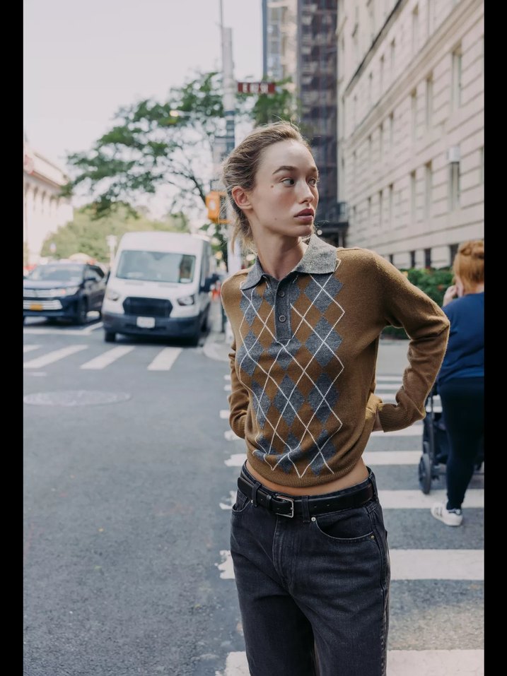 Ekose Desenli Kahverengi Gri Yün Kazak - Görsel 4